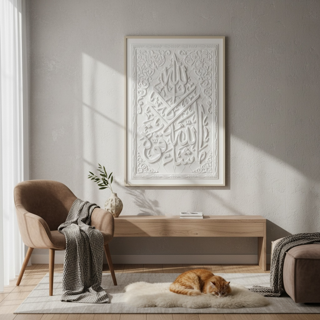 Masha Allah 3D Islamic Wall Art – White Stone Effect Relief | 120cm x 80cm