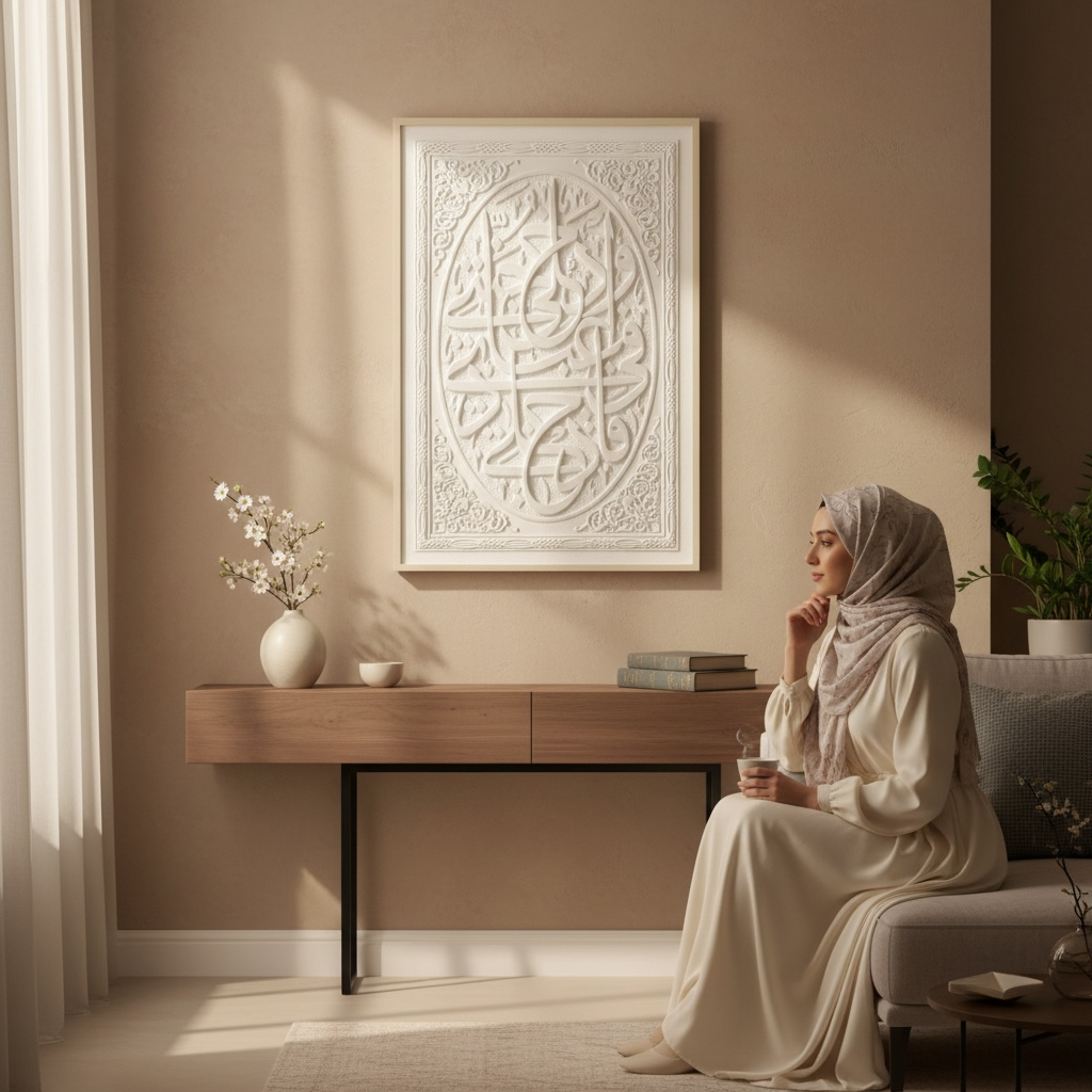 Wa Huwa ‘Ala Kulli Shay’in Qadeer Calligraphy 3D Islamic Wall Art – White Stone Effect Relief | 120cm x 80cm