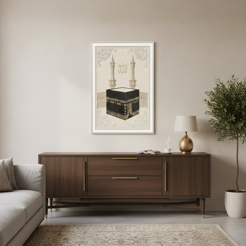 Kaaba 3D Islamic Wall Art – Beige Stone Effect Relief | 120cm x 80cm