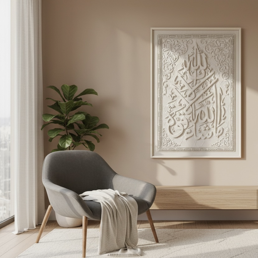 Shahada 3D Islamic Wall Art – Beige Stone Effect Relief | 120cm x 80cm