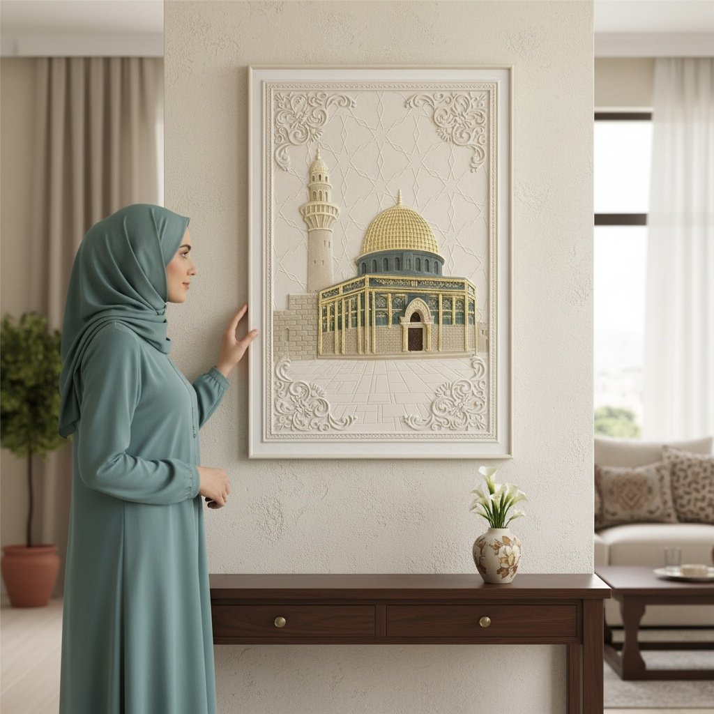 Al-Masjid an-Nabawi 3D Islamic Wall Art – Beige Stone Effect Relief | 120cm x 80cm