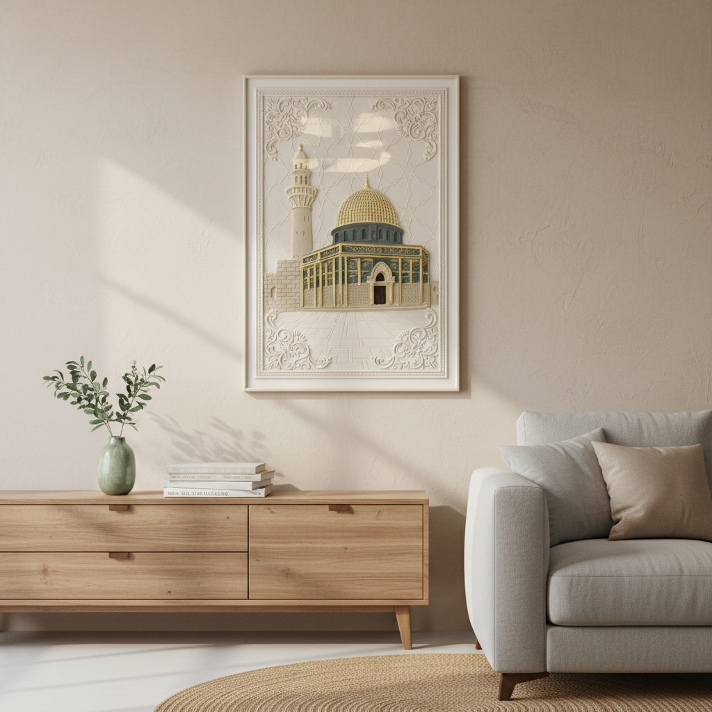 Al-Masjid an-Nabawi 3D Islamic Wall Art – Beige Stone Effect Relief | 120cm x 80cm