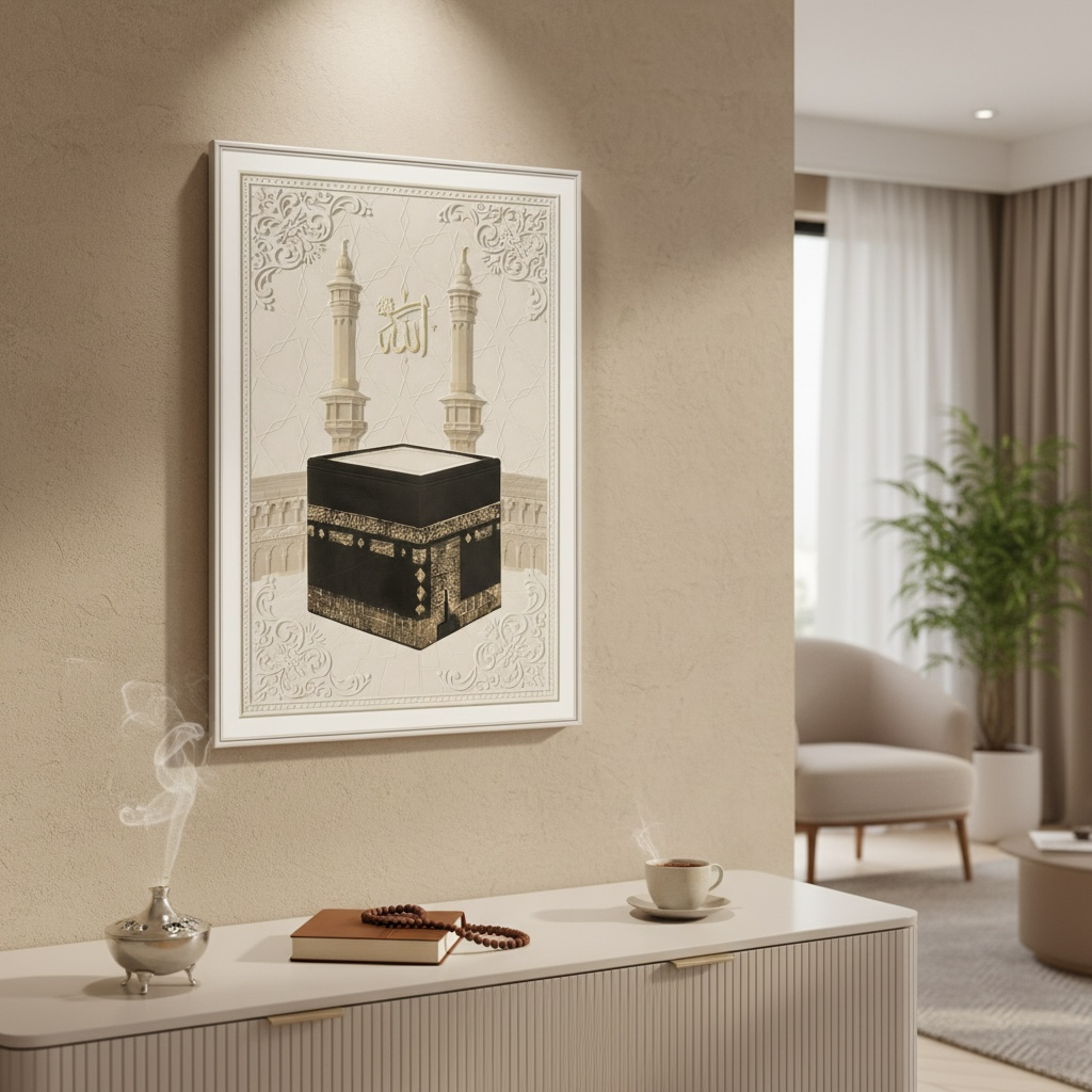 Kaaba 3D Islamic Wall Art – Beige Stone Effect Relief | 120cm x 80cm