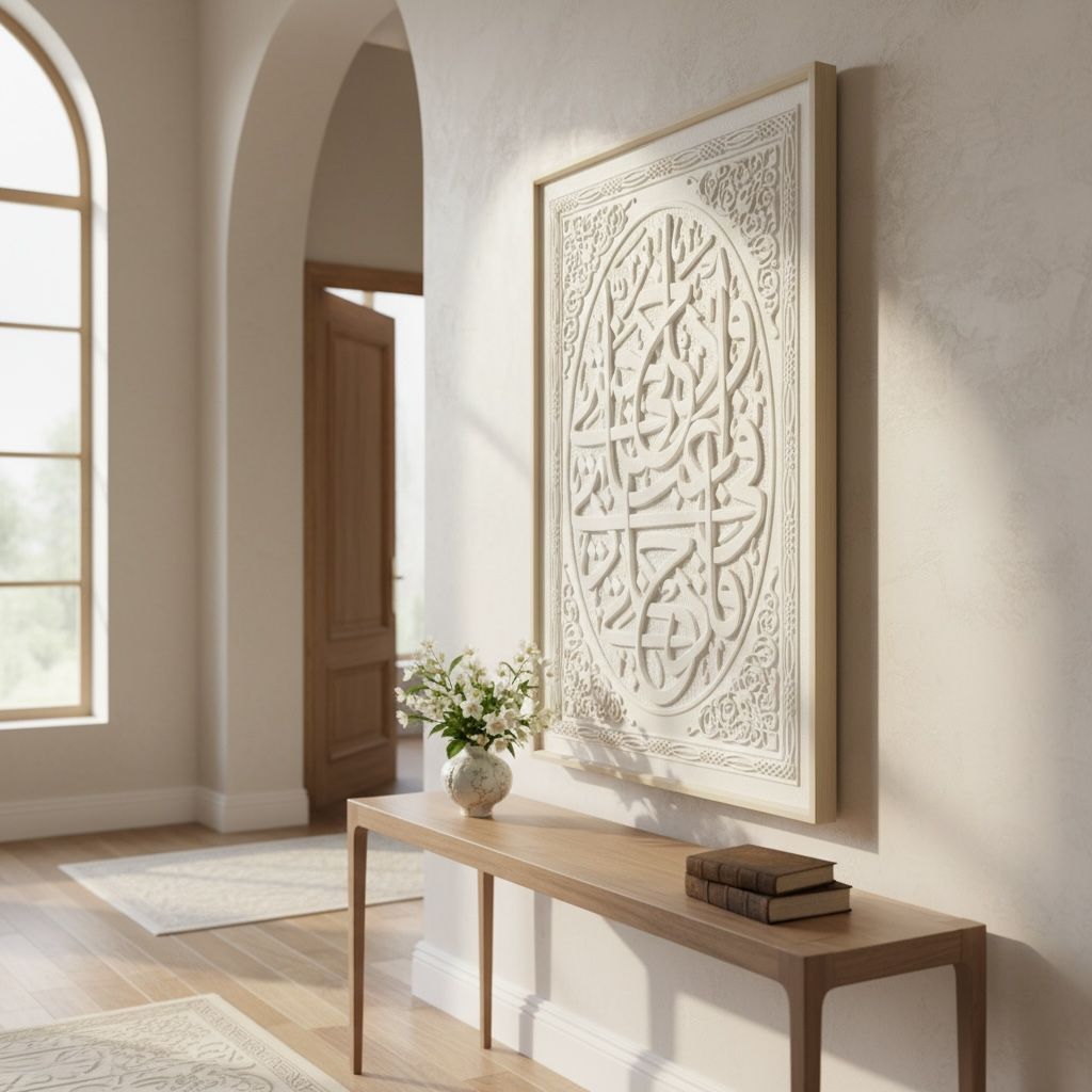 Wa Huwa ‘Ala Kulli Shay’in Qadeer Calligraphy 3D Islamic Wall Art – White Stone Effect Relief | 120cm x 80cm