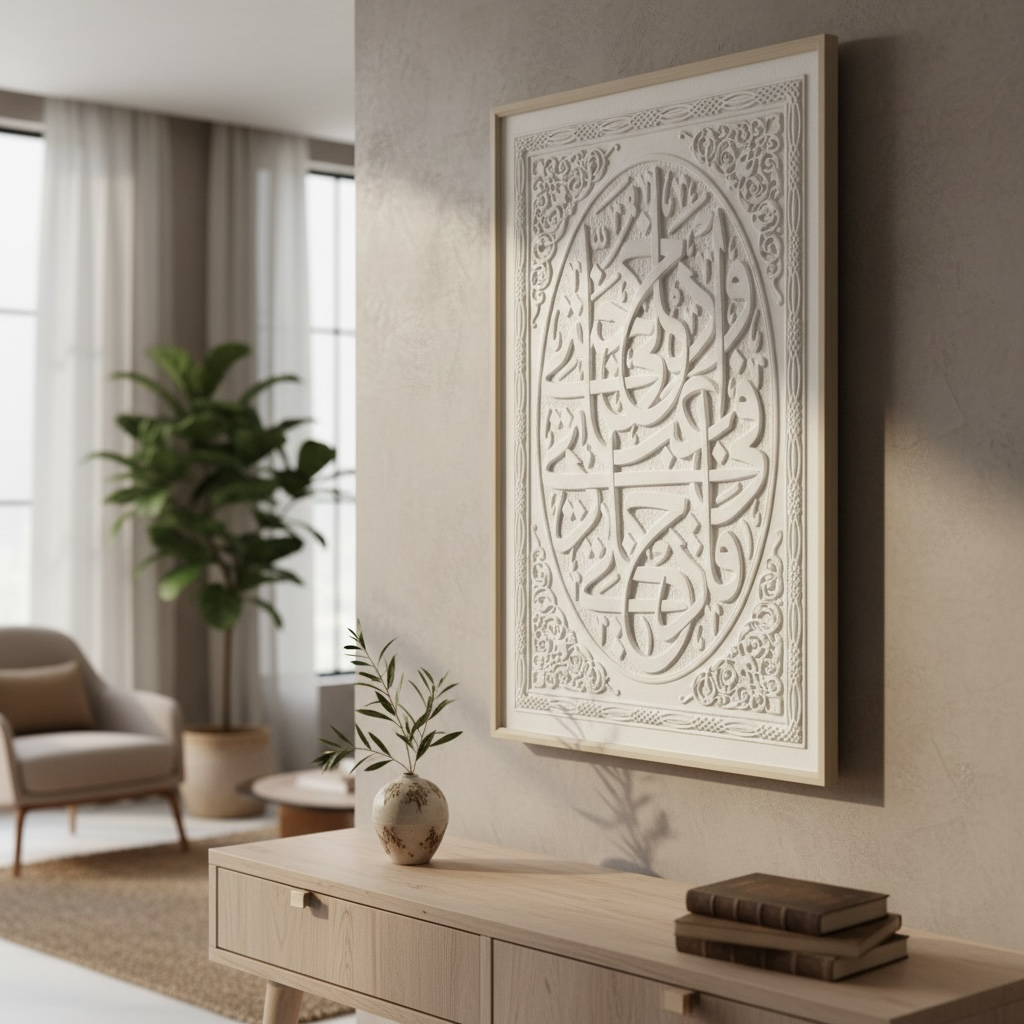 Wa Huwa ‘Ala Kulli Shay’in Qadeer Calligraphy 3D Islamic Wall Art – White Stone Effect Relief | 120cm x 80cm