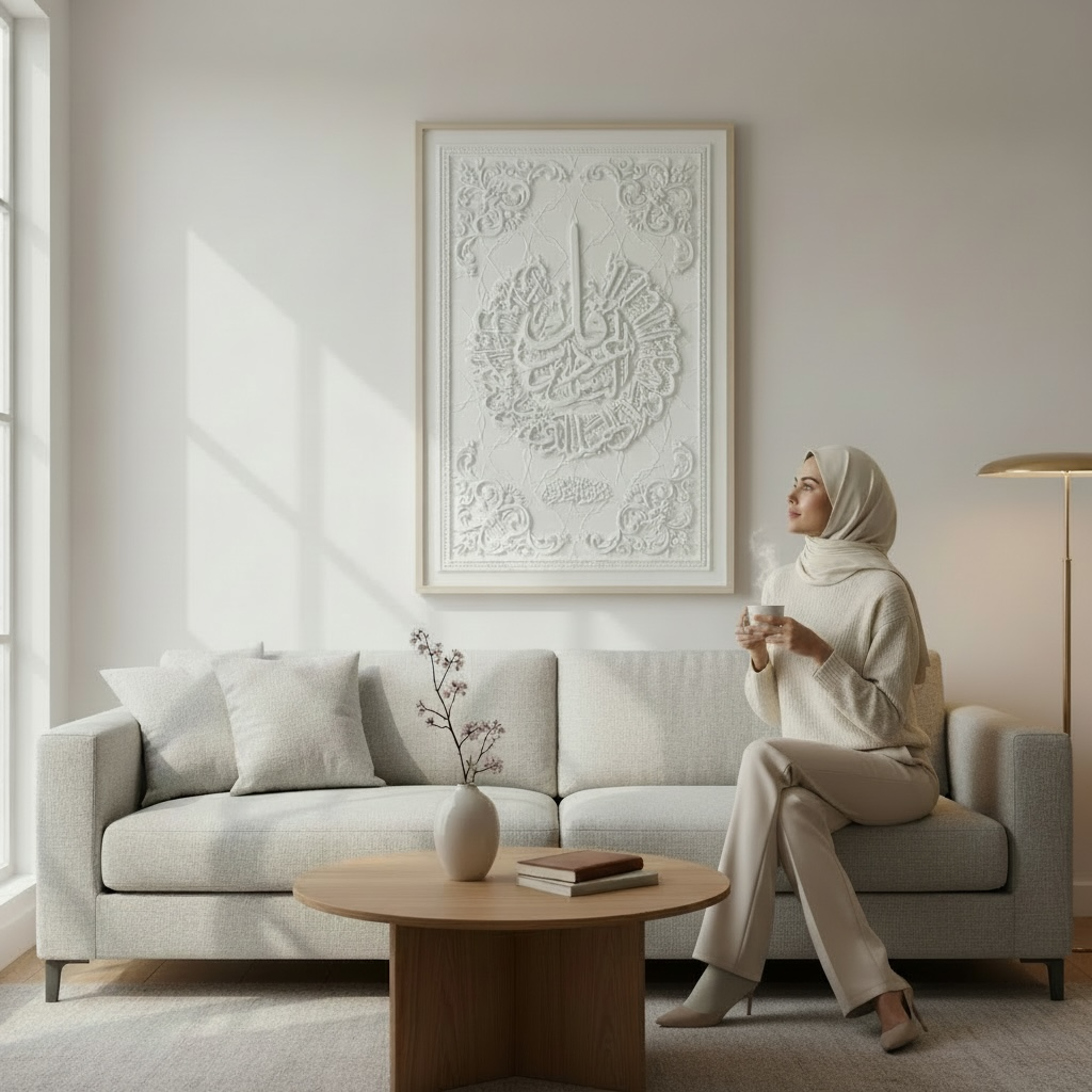 Surah Al-Ikhlas Calligraphy 3D Islamic Wall Art – White Stone Effect Relief | 120cm x 80cm