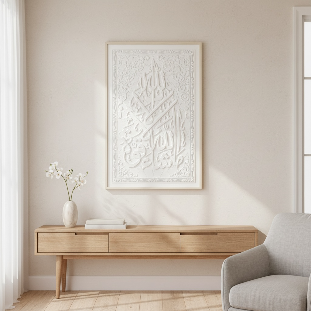 Masha Allah 3D Islamic Wall Art – White Stone Effect Relief | 120cm x 80cm