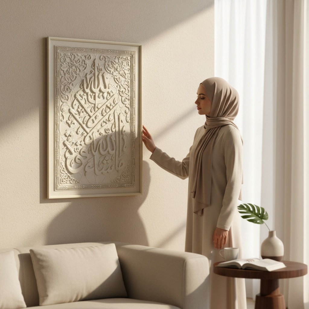 Shahada 3D Islamic Wall Art – Beige Stone Effect Relief | 120cm x 80cm
