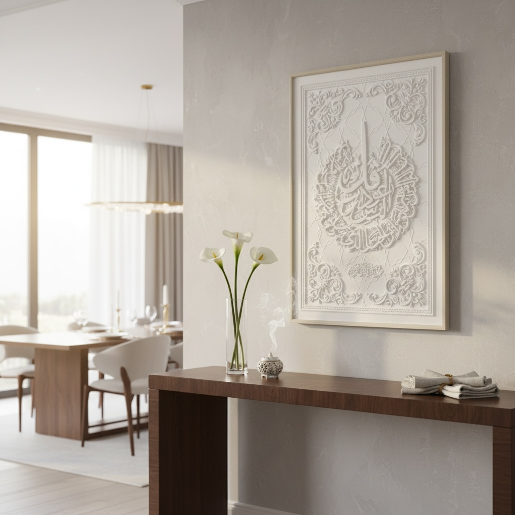 Surah Al-Ikhlas Calligraphy 3D Islamic Wall Art – White Stone Effect Relief | 120cm x 80cm